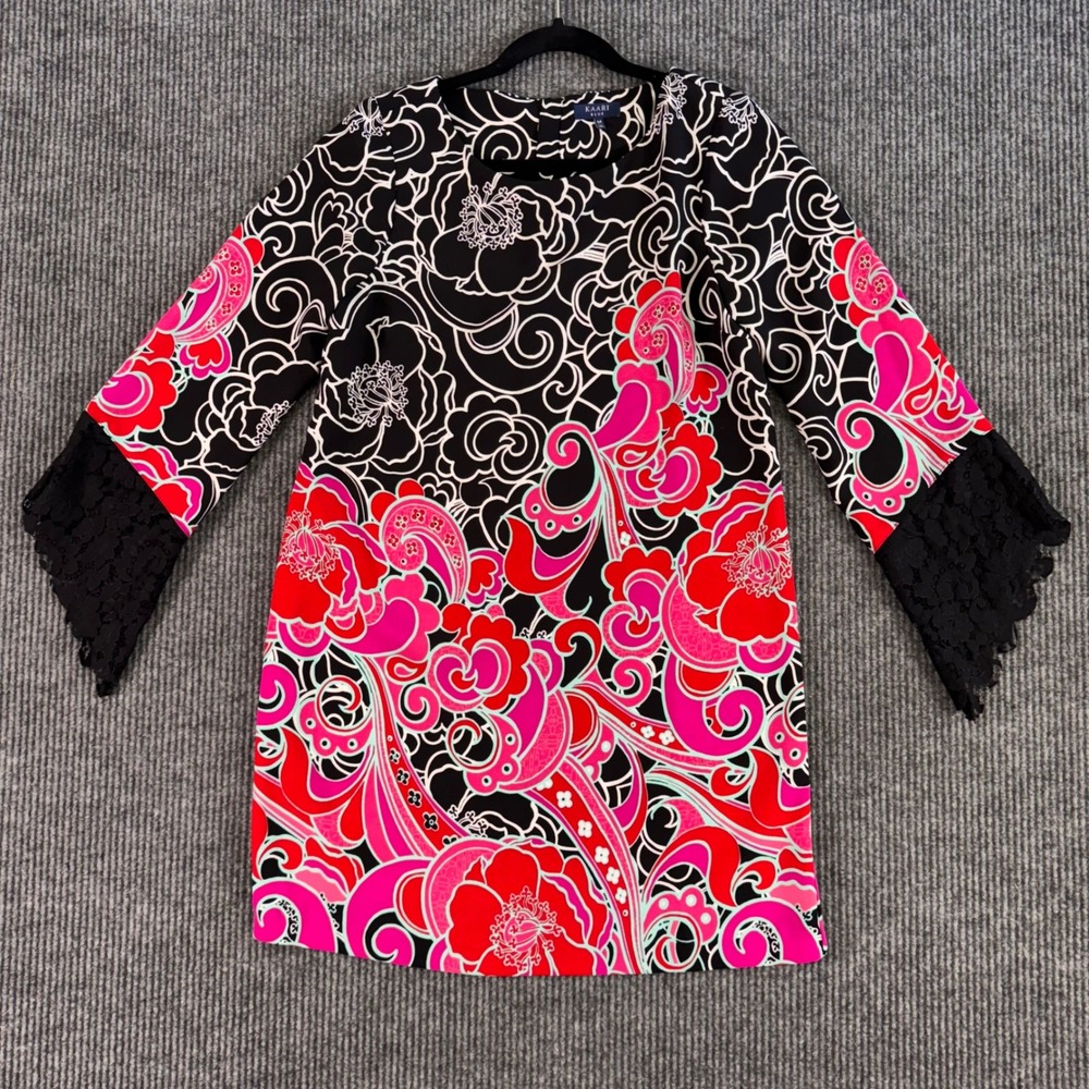 Boho Floral Print Shift Dress Womens‎ M Black Pink Lace Sleeve Retro Mod Style